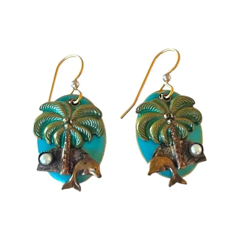 Bronzed Turquoise Metal Dolphin Palm Tree Earrings